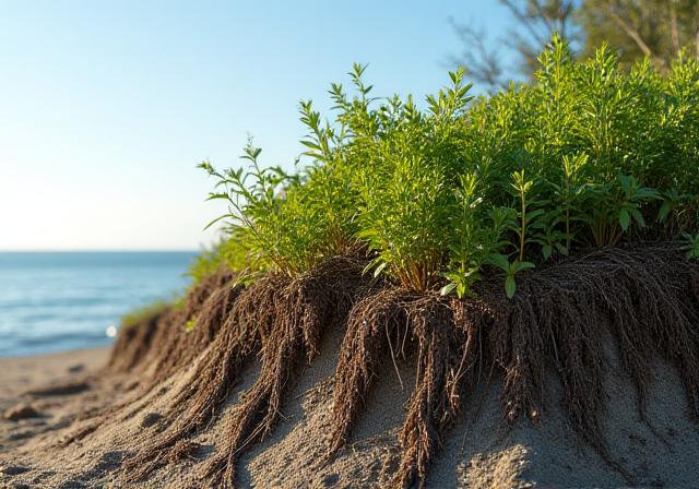 斜面に根を張る植物が土壌を固定している様子
